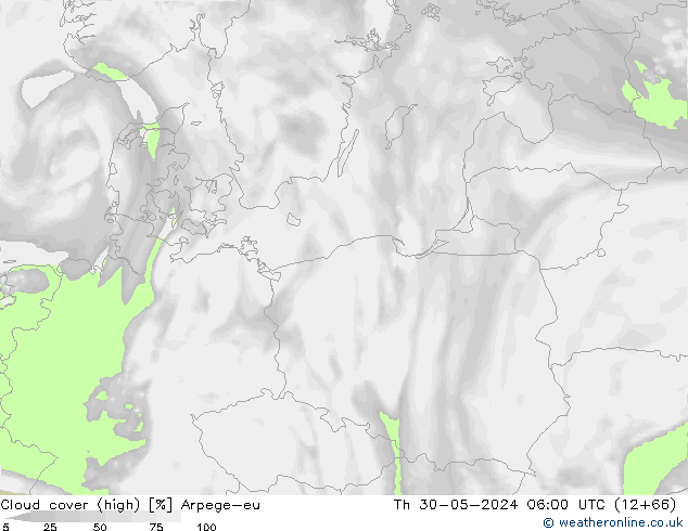 Cloud cover (high) Arpege-eu Th 30.05.2024 06 UTC