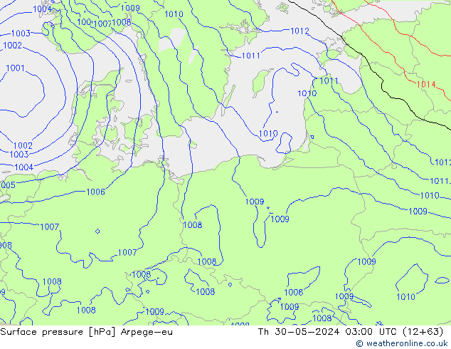 Presión superficial Arpege-eu jue 30.05.2024 03 UTC