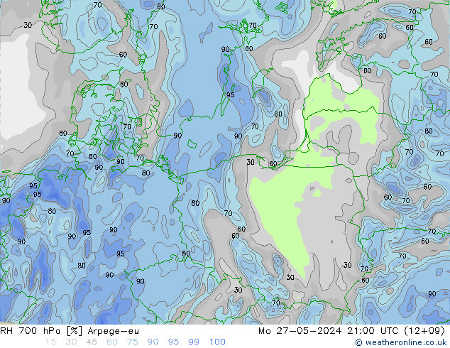 RH 700 hPa Arpege-eu Po 27.05.2024 21 UTC