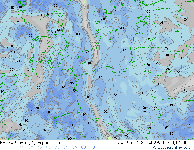 RH 700 hPa Arpege-eu gio 30.05.2024 09 UTC