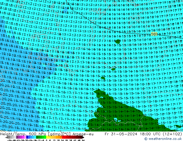 Height/Temp. 500 hPa Arpege-eu Sex 31.05.2024 18 UTC