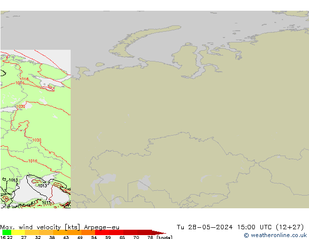 Max. wind velocity Arpege-eu Tu 28.05.2024 15 UTC