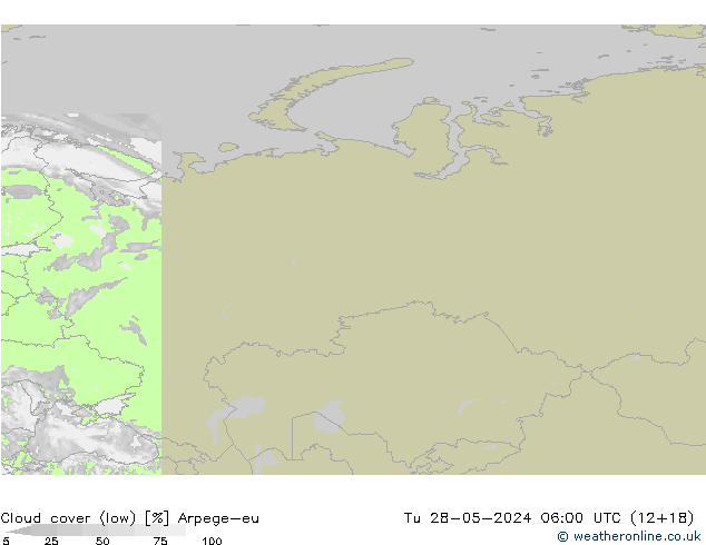 Cloud cover (low) Arpege-eu Tu 28.05.2024 06 UTC