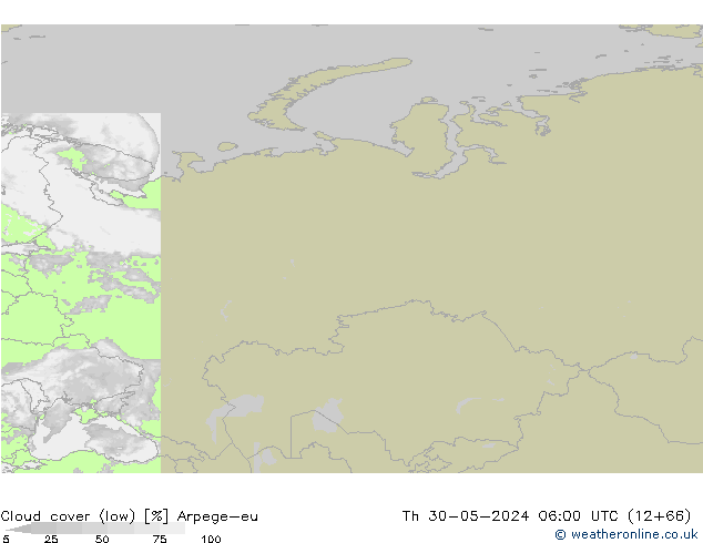 Cloud cover (low) Arpege-eu Th 30.05.2024 06 UTC