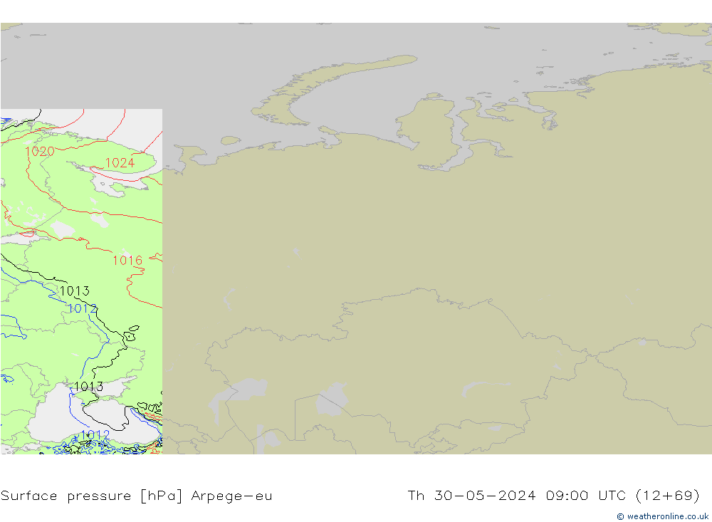 приземное давление Arpege-eu чт 30.05.2024 09 UTC