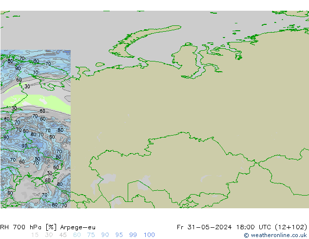 RH 700 гПа Arpege-eu пт 31.05.2024 18 UTC