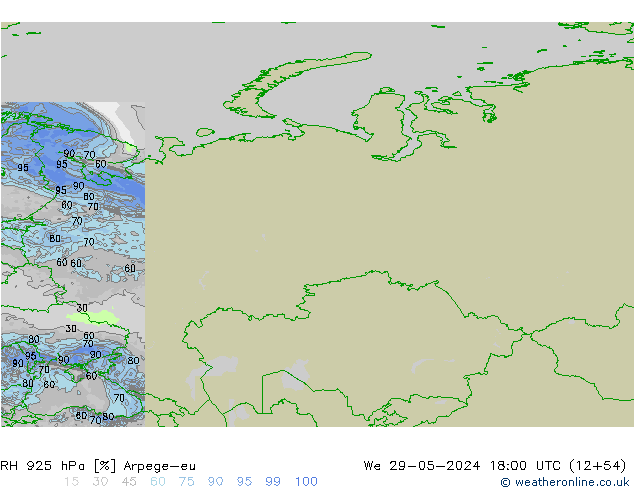 Humedad rel. 925hPa Arpege-eu mié 29.05.2024 18 UTC