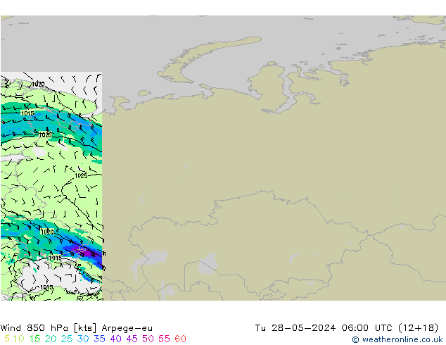 wiatr 850 hPa Arpege-eu wto. 28.05.2024 06 UTC