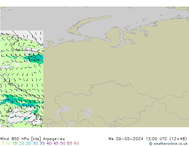 Vento 850 hPa Arpege-eu mer 29.05.2024 12 UTC