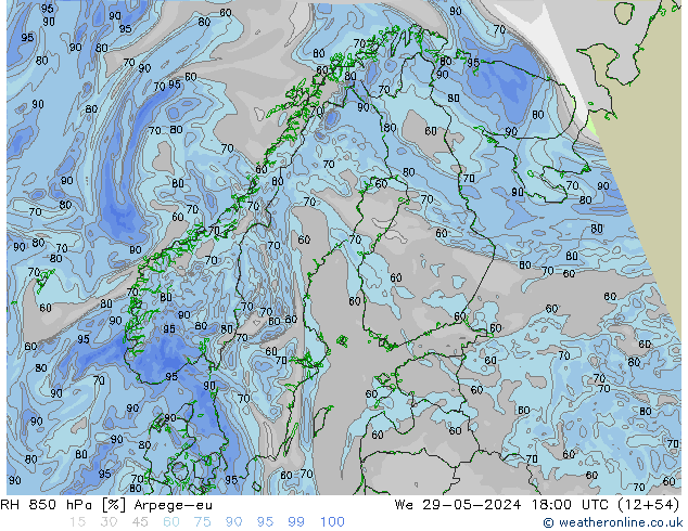 RH 850 hPa Arpege-eu Qua 29.05.2024 18 UTC