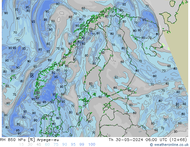 RH 850 hPa Arpege-eu Th 30.05.2024 06 UTC