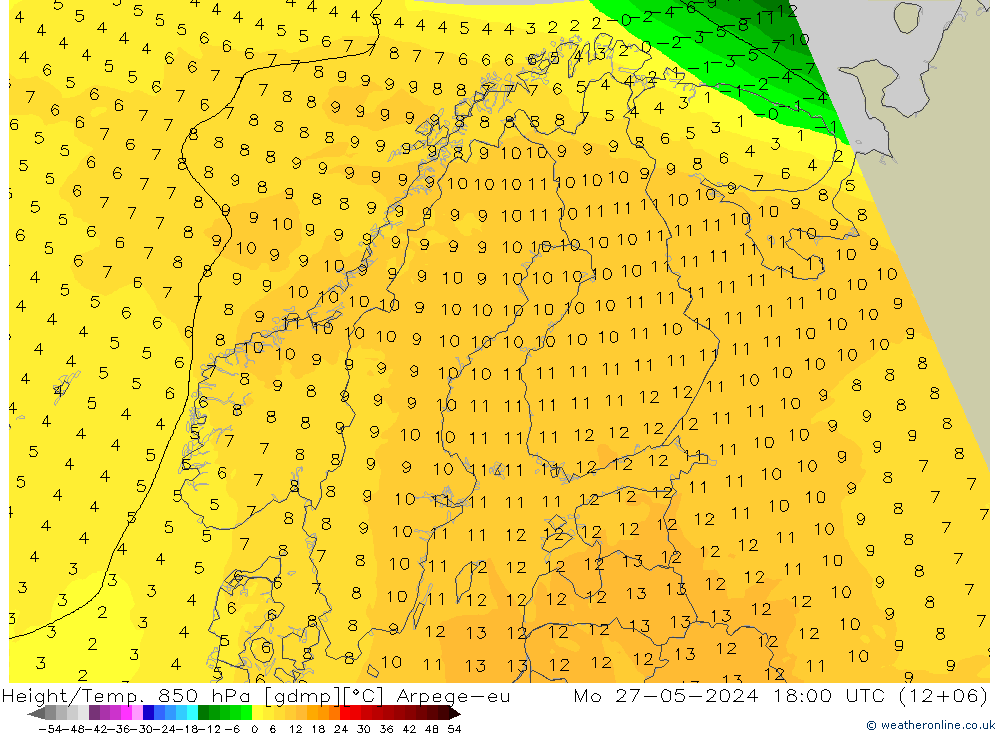 Height/Temp. 850 hPa Arpege-eu Mo 27.05.2024 18 UTC