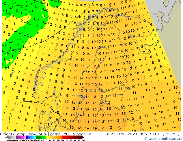 Hoogte/Temp. 850 hPa Arpege-eu vr 31.05.2024 00 UTC