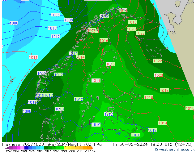 Espesor 700-1000 hPa Arpege-eu jue 30.05.2024 18 UTC