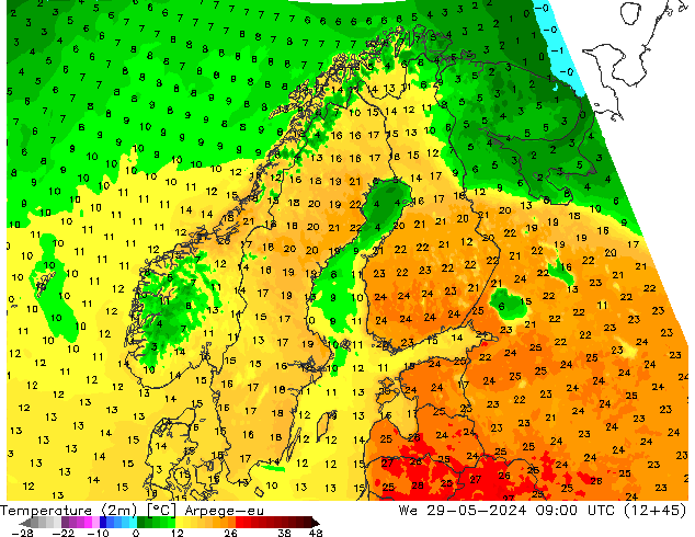 Temperatura (2m) Arpege-eu mer 29.05.2024 09 UTC