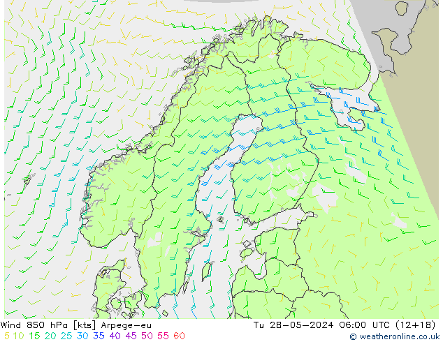 Wind 850 hPa Arpege-eu Út 28.05.2024 06 UTC