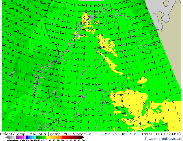 Hoogte/Temp. 700 hPa Arpege-eu wo 29.05.2024 18 UTC