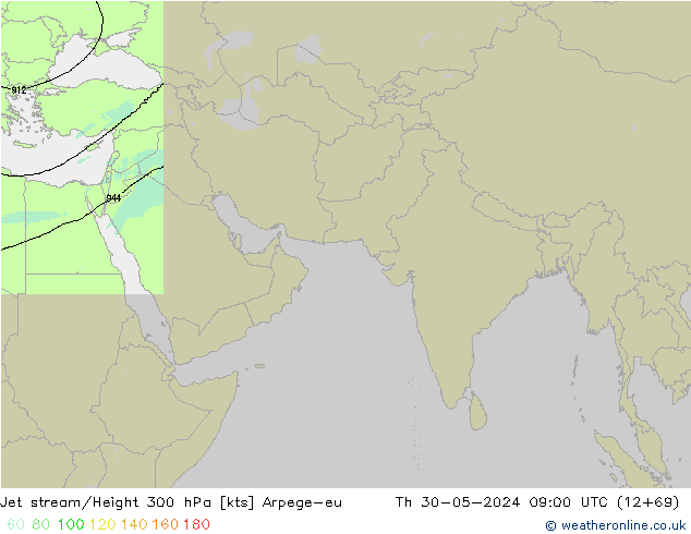 Jet stream/Height 300 hPa Arpege-eu Čt 30.05.2024 09 UTC