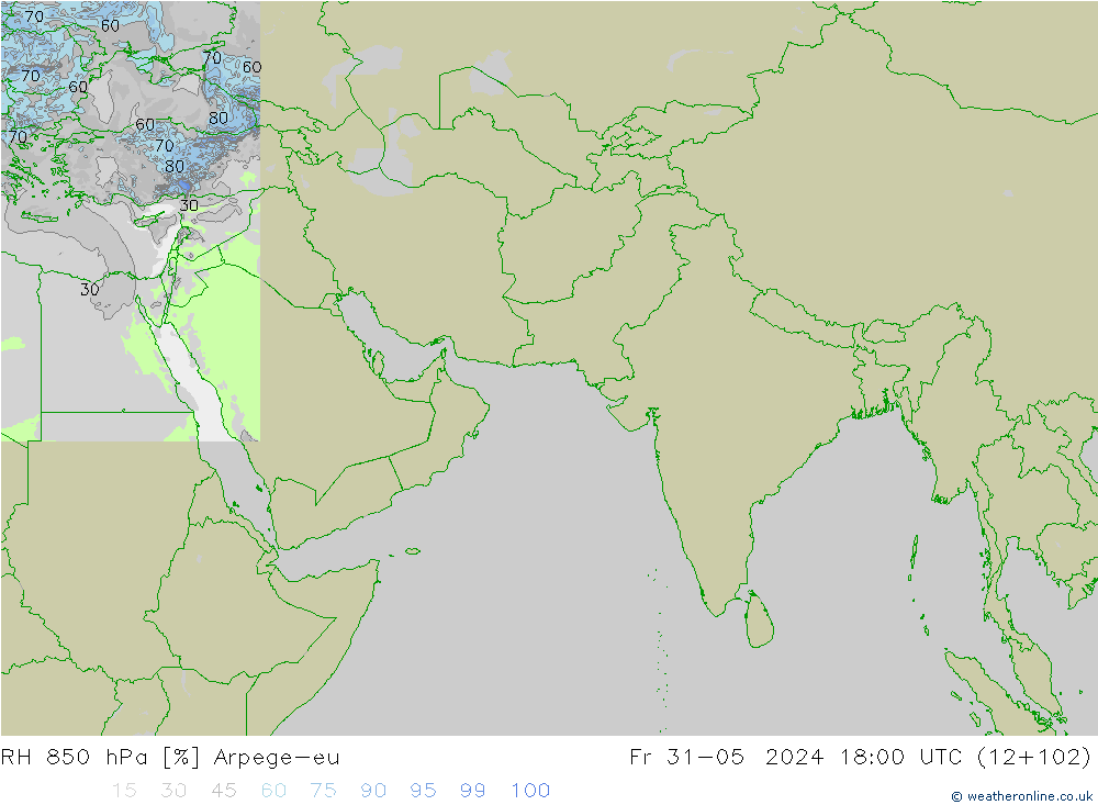 Humidité rel. 850 hPa Arpege-eu ven 31.05.2024 18 UTC