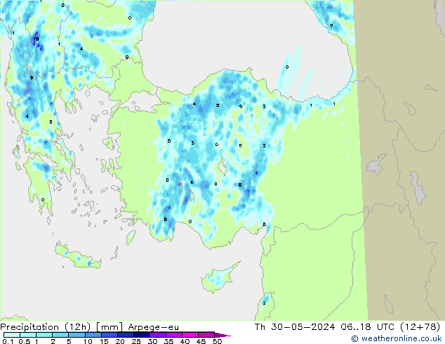 Précipitation (12h) Arpege-eu jeu 30.05.2024 18 UTC