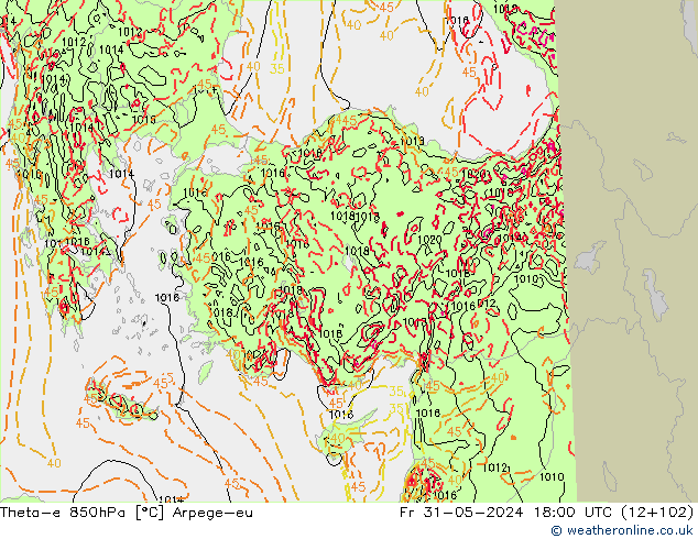 Theta-e 850hPa Arpege-eu Sex 31.05.2024 18 UTC