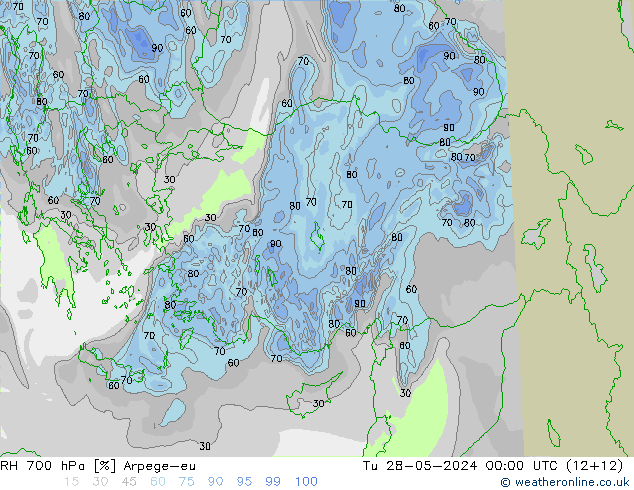 Humidité rel. 700 hPa Arpege-eu mar 28.05.2024 00 UTC