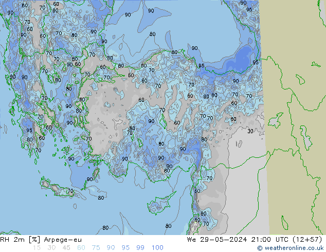 Humidité rel. 2m Arpege-eu mer 29.05.2024 21 UTC