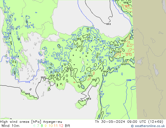 High wind areas Arpege-eu Qui 30.05.2024 09 UTC