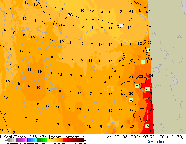 Height/Temp. 925 hPa Arpege-eu śro. 29.05.2024 03 UTC