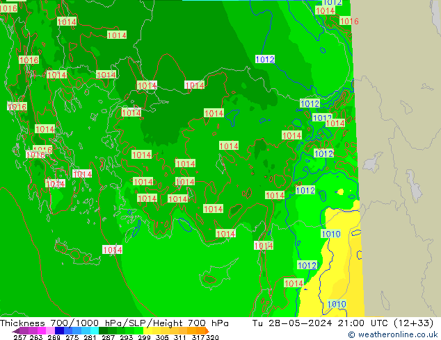 Thck 700-1000 hPa Arpege-eu Tu 28.05.2024 21 UTC