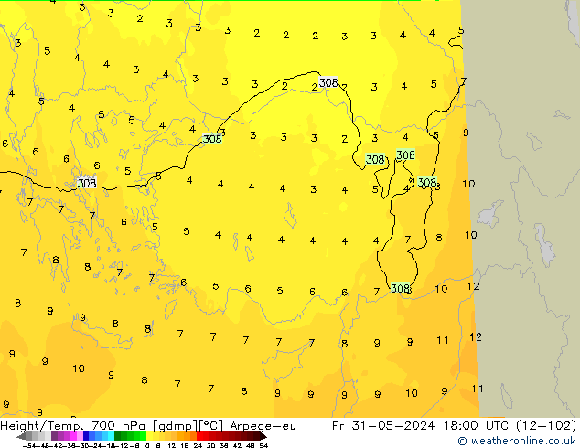 Height/Temp. 700 hPa Arpege-eu Sex 31.05.2024 18 UTC