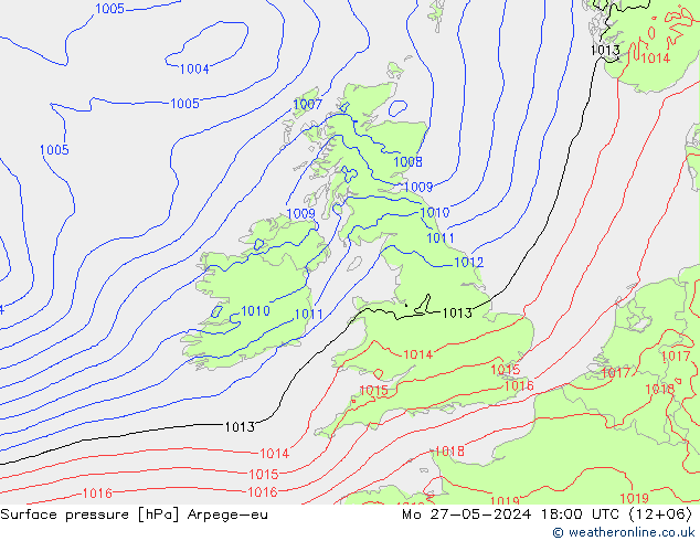 Surface pressure Arpege-eu Mo 27.05.2024 18 UTC