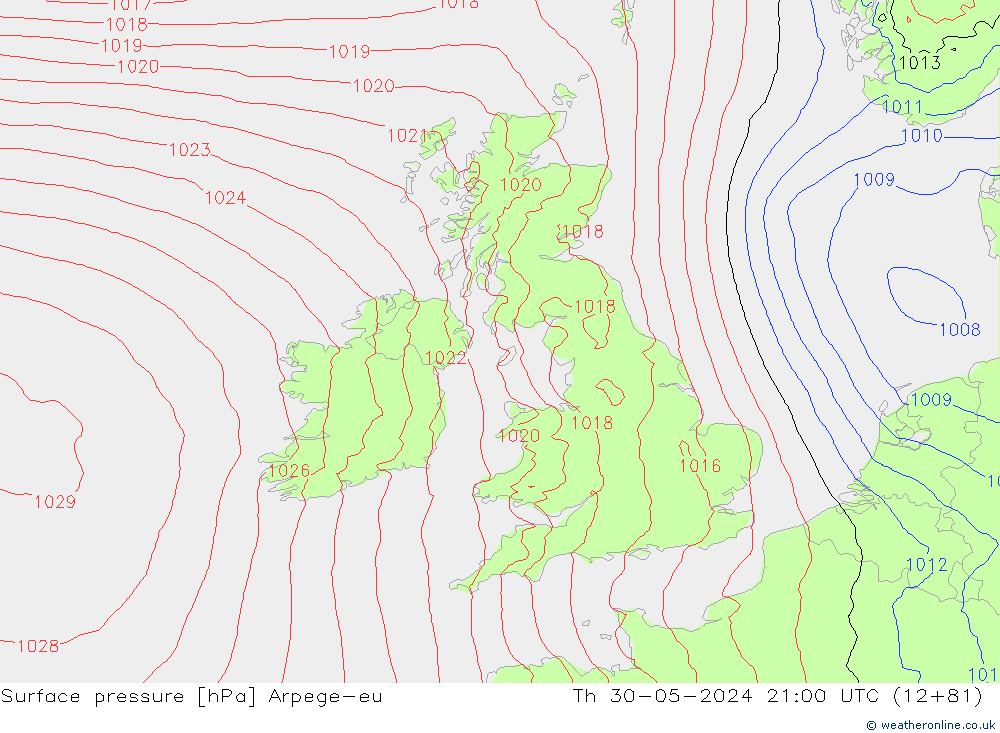 Surface pressure Arpege-eu Th 30.05.2024 21 UTC