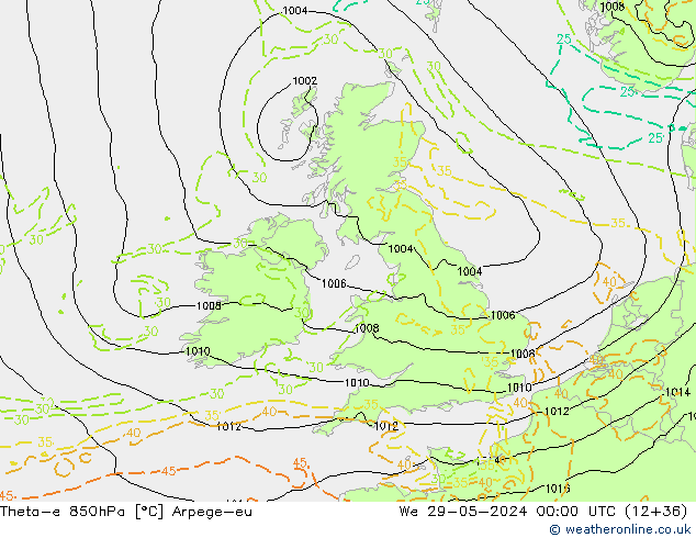 Theta-e 850hPa Arpege-eu śro. 29.05.2024 00 UTC