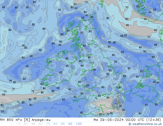 RH 850 hPa Arpege-eu śro. 29.05.2024 00 UTC