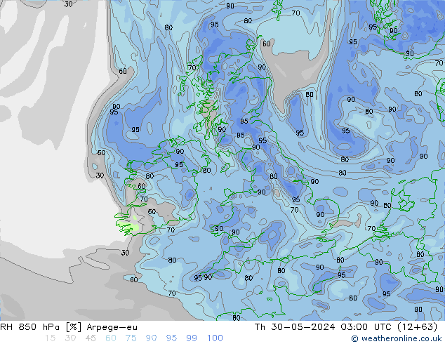 Humidité rel. 850 hPa Arpege-eu jeu 30.05.2024 03 UTC