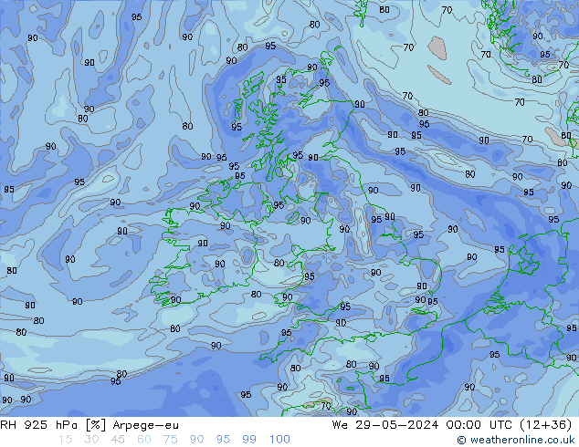 Humedad rel. 925hPa Arpege-eu mié 29.05.2024 00 UTC