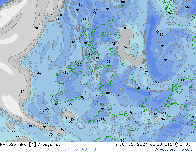 RH 925 hPa Arpege-eu Th 30.05.2024 09 UTC