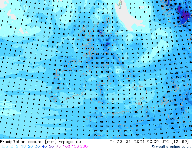 Totale neerslag Arpege-eu do 30.05.2024 00 UTC