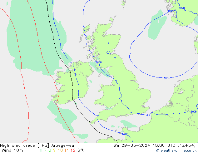 High wind areas Arpege-eu We 29.05.2024 18 UTC