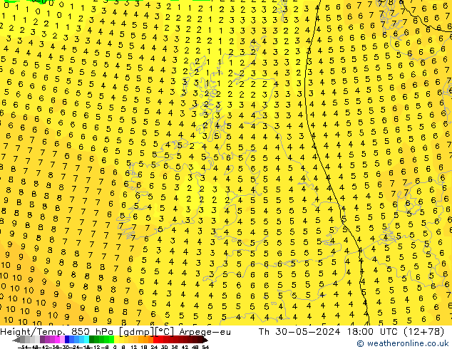 Geop./Temp. 850 hPa Arpege-eu jue 30.05.2024 18 UTC