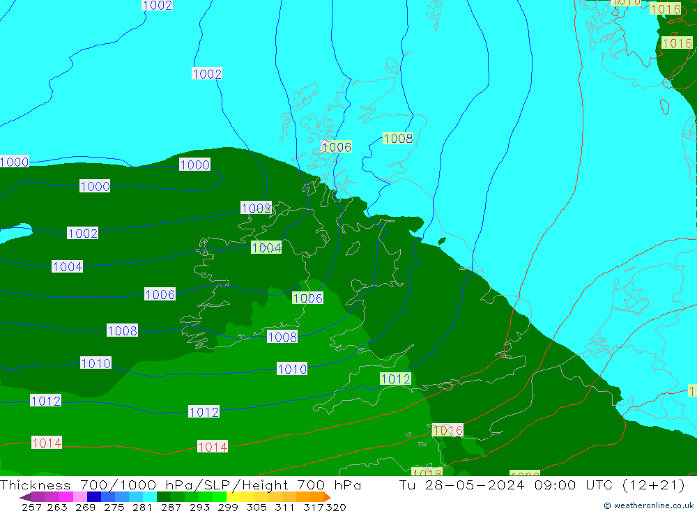 Thck 700-1000 гПа Arpege-eu вт 28.05.2024 09 UTC