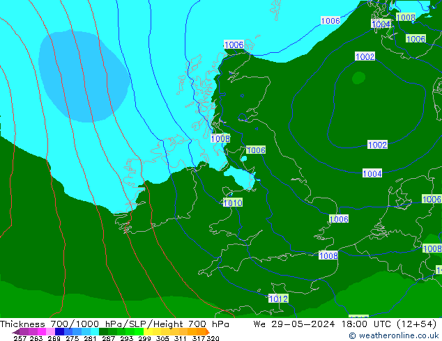 Thck 700-1000 hPa Arpege-eu We 29.05.2024 18 UTC