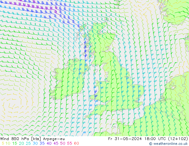 Wind 850 hPa Arpege-eu vr 31.05.2024 18 UTC