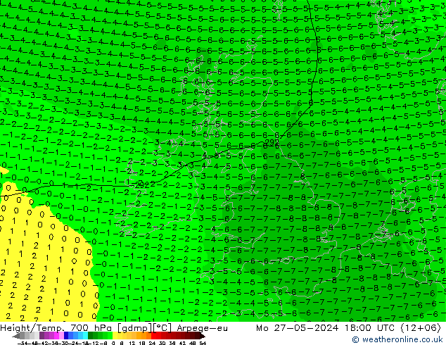 Géop./Temp. 700 hPa Arpege-eu lun 27.05.2024 18 UTC