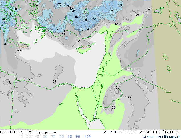 RH 700 гПа Arpege-eu ср 29.05.2024 21 UTC