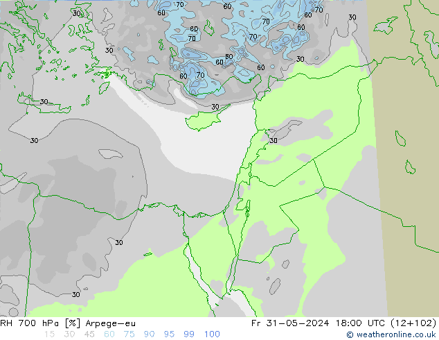 Humidité rel. 700 hPa Arpege-eu ven 31.05.2024 18 UTC