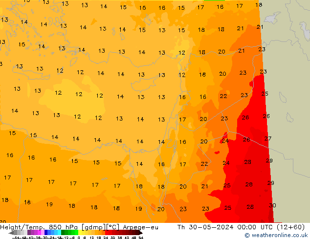 Height/Temp. 850 гПа Arpege-eu чт 30.05.2024 00 UTC