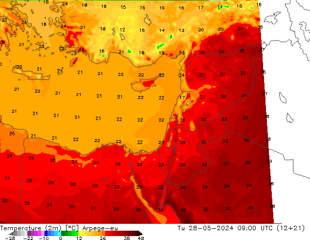 Temperature (2m) Arpege-eu Tu 28.05.2024 09 UTC