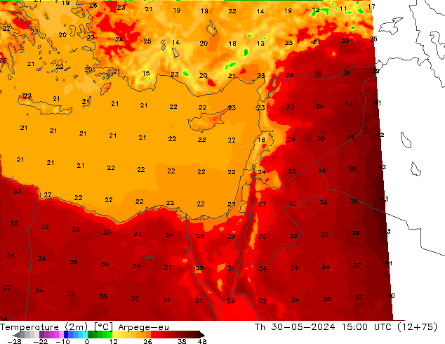 Temperature (2m) Arpege-eu Čt 30.05.2024 15 UTC